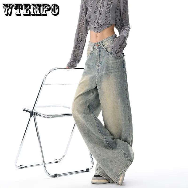 WTEMPO All Season American Retro High Waist Jeans Women Casual Loose Long Wide Leg Denim Pants with Pockets Streetwear