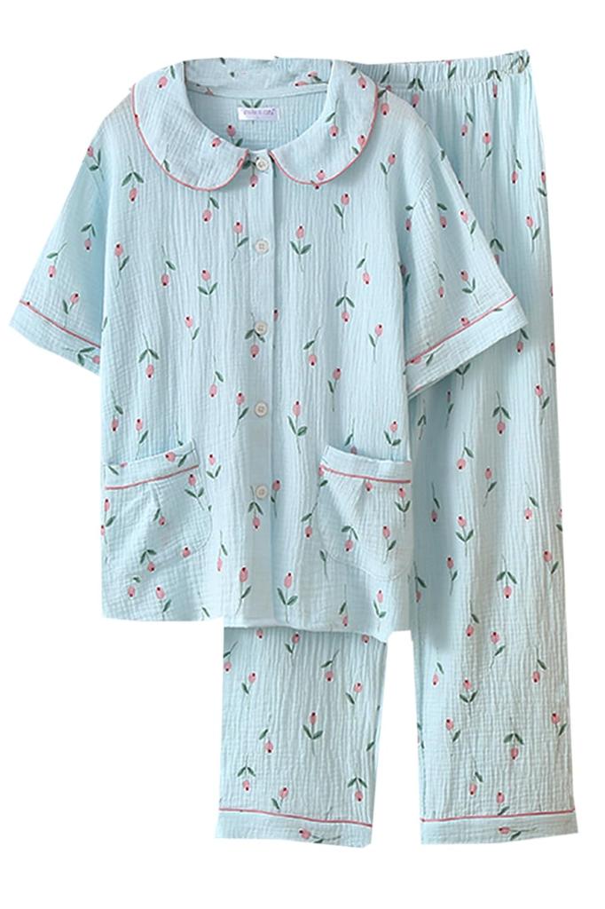Cotton Soft Gauze Marshmallow Cotton Floral Pajama Comfortable Sleepwear Light Women's 100% Loungewear, Double-Layered Set, (XL, Blue)
