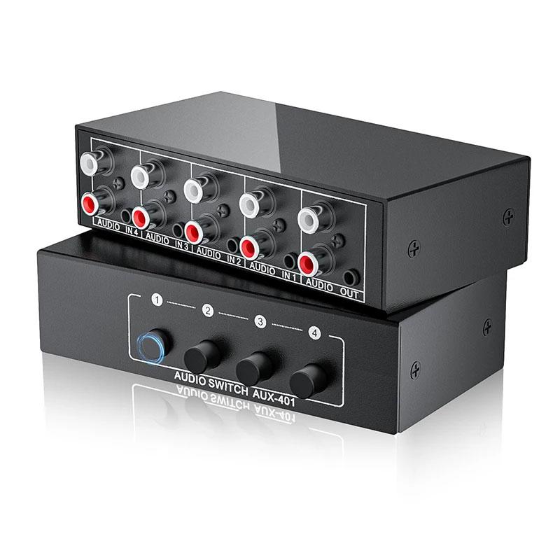 Stereo Audio Switch Selector 4-IN-1 Bi-direction Stereo RCA AUX Audio Switch A/B Splitter 3.5mm Aux L/R RCA 4X1 Audio Switch Box 5