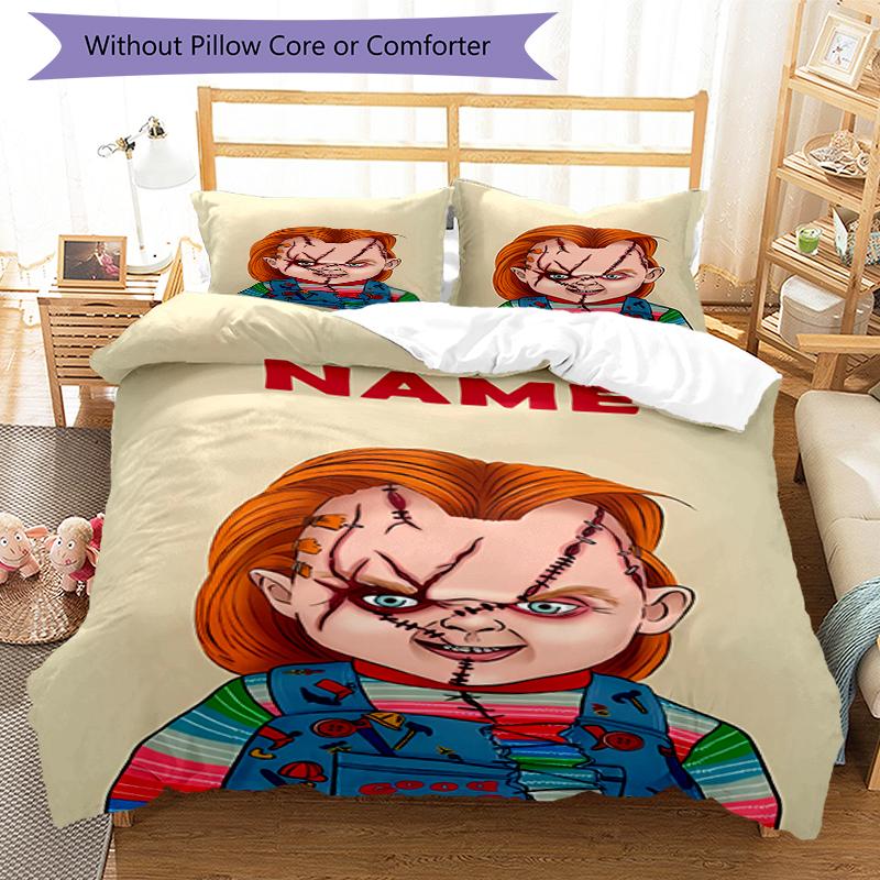 3pcs Custom Name Chucky Bedding Set Duvet Cover Closure Includes 1 Duvet Cover & 2 Pillowcases, Soft and Comfortable for All Seasons.