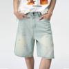Men's Summer New Product with Splashed Ink Dot Design, Light Blue Washed Five Point Jeans Trend