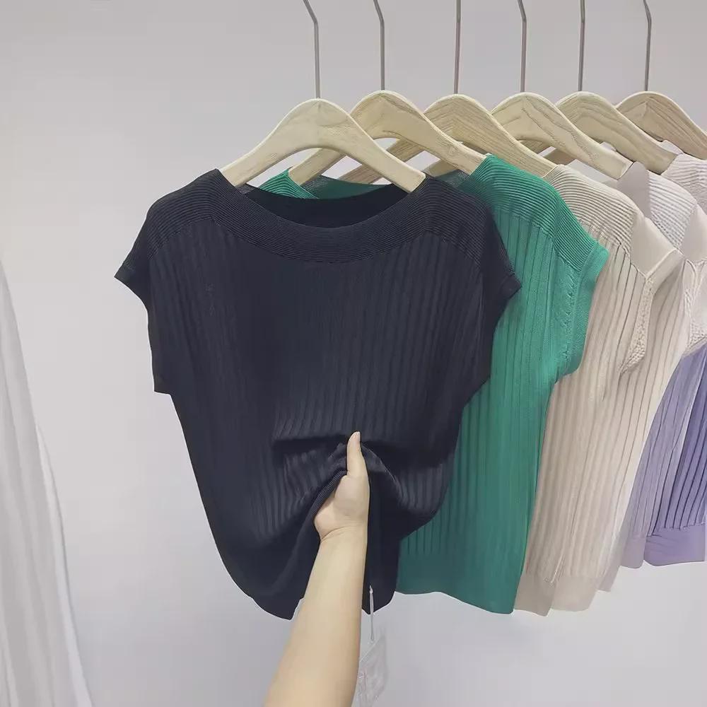 Women's Summer One-Shoulder Ice Silk Knitted Short-Sleeve Top with Vertical Stripes and Stand-Up Collar