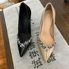 2025 New Summer Word with Nude Rhinestone High Heels Sexy Pointed Temperament Bag Head Sandals Women's Stiletto