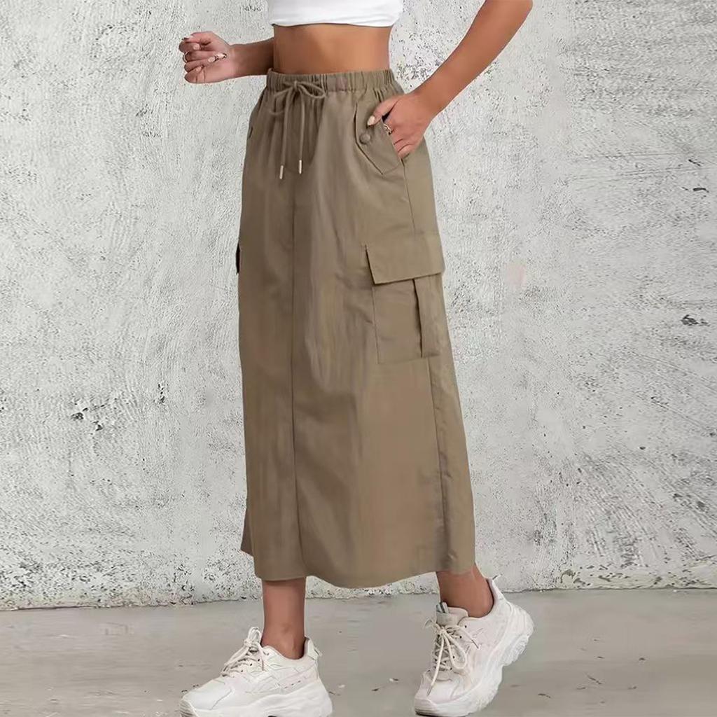 Женская модная однотонная юбка А-силуэта с эластичной талией на кулиске, карманом и разрезом сзади