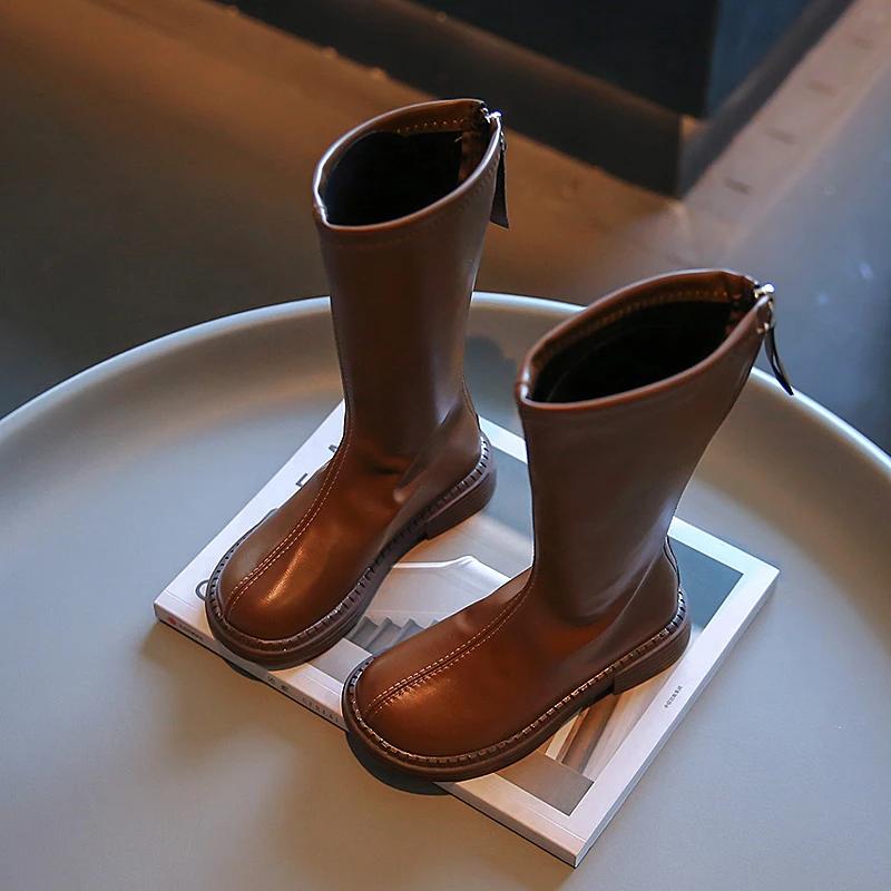 Children Leather Boots for Girls Simple Classic Fashion Kids Knee-high Boots Back Zipper Long Motorcycle Winter New Rubber Boots