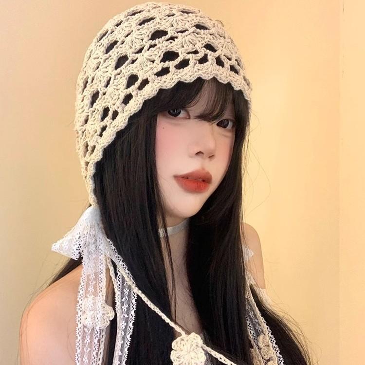 Ethnic Style Hollow Lace Fringed Bag Head Hat Women'S Spring And Summer Thin Knitted Pullover Hat Retro Literary And Artistic Show Small Face