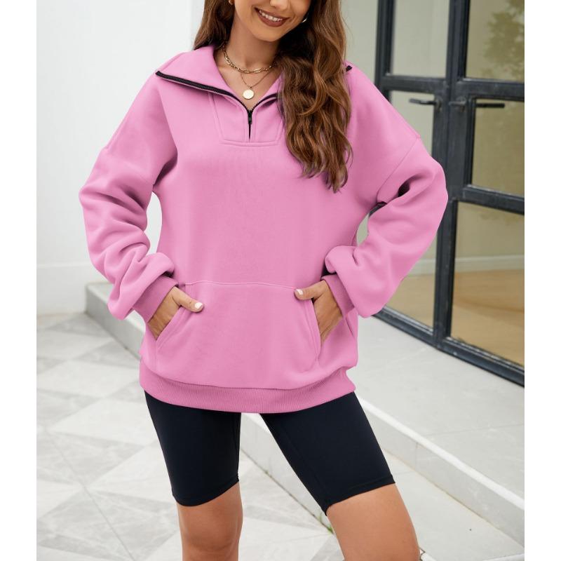 Осенне-зимняя однотонная женская свободная толстовка с воротником-стойкой на молнии