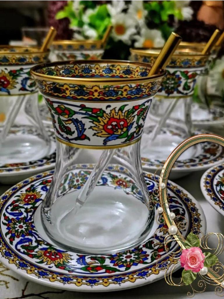 12 шт., чайный сервиз в традиционном турецком стиле, декоративный набор ручной работы в османском стиле с золотой плиткой и узором, набор стеклянных чашек на 6 человек