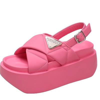 Модные женские босоножки на высокой платформе 8 см с открытыми носками на танкетке, повседневные массивные кроссовки, женские летние пляжные тапочки из кожи со стразами