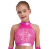 Girls Sleeveless Mock Neck Dance Crop Top Glitter Sequin Patchwork Keyhole Back Design Performance Top