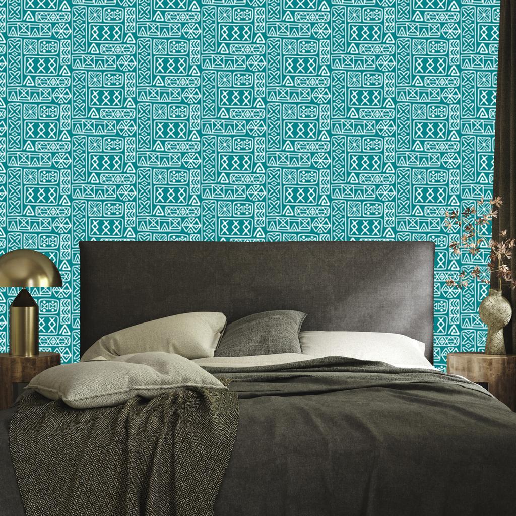 Polynesian Geometric Pattern Turquoise Wallpaper 50x1000