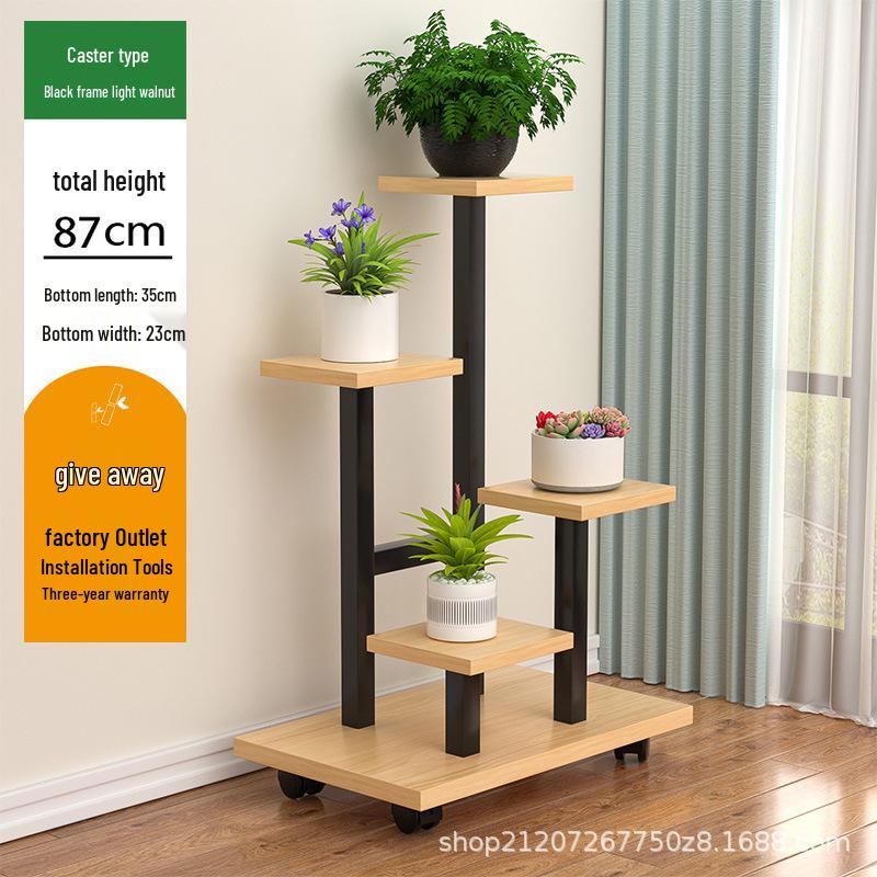Multi-Layer Wrought Iron Flower Stand with Wheels: Movable Floor-Standing Rack for Living Room or Balcony