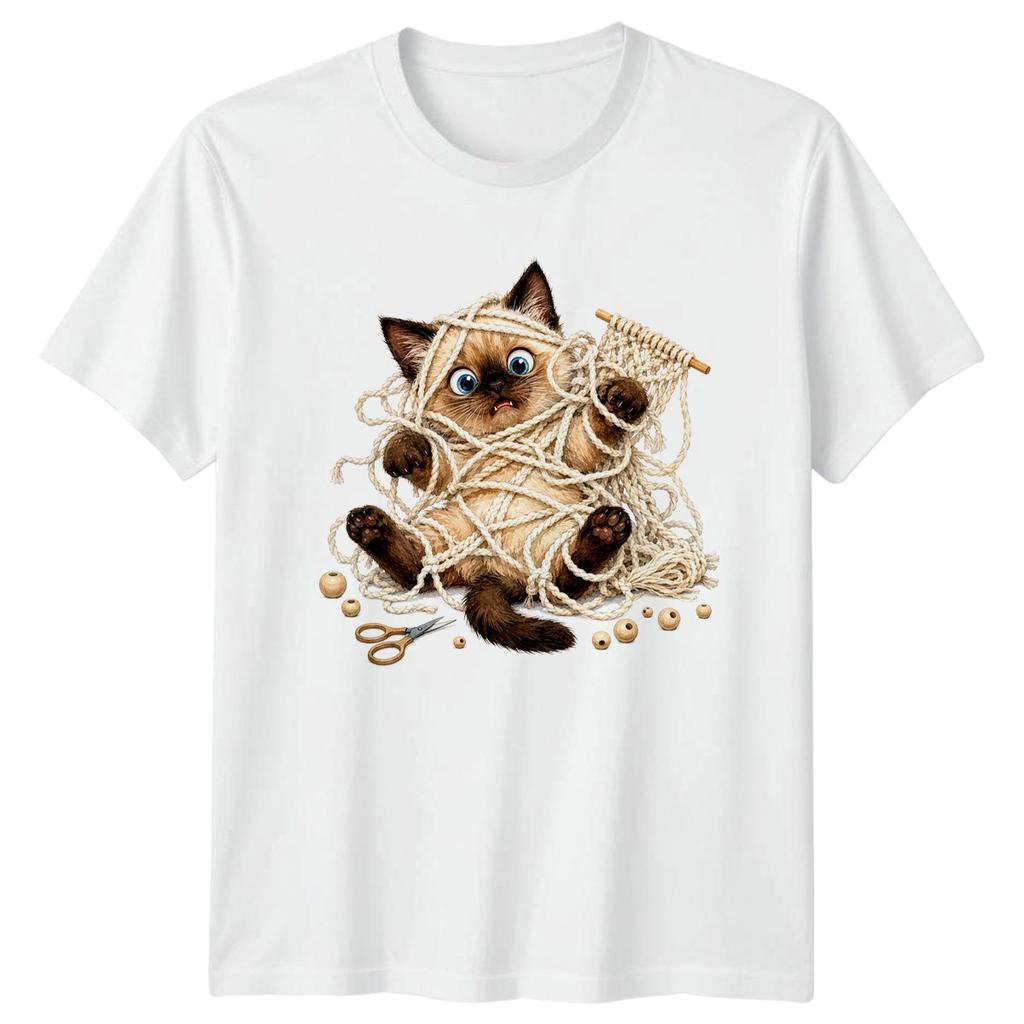 Cute Tangled Kitten T-Shirt Funny Macrame Yarn Cartoon Novelty Cat Lover Gift