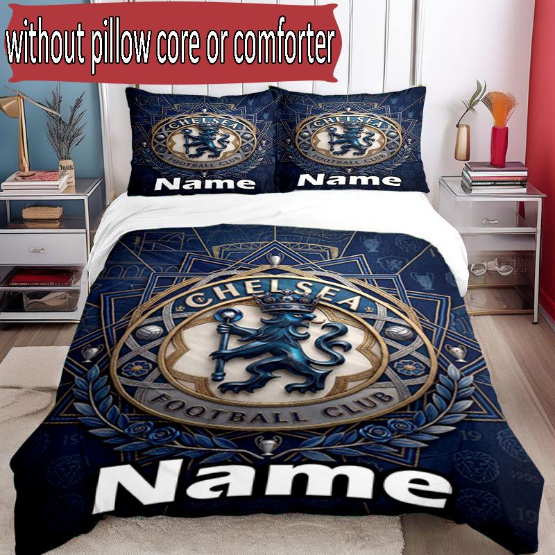 3pcs Duvet Cover Set (1*Duvet Cover + 2*Pillowcase, Without Core), Custom Name Chelsea Football Club Pattern Bedding Set, Home Bedroom Decor Gift