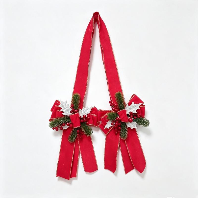 Red Velvet Double Bow w/Pine Branches Christmas Door Bows Scapulars for Xmas Display Window Hanging Decor 2027 New Years Pendant