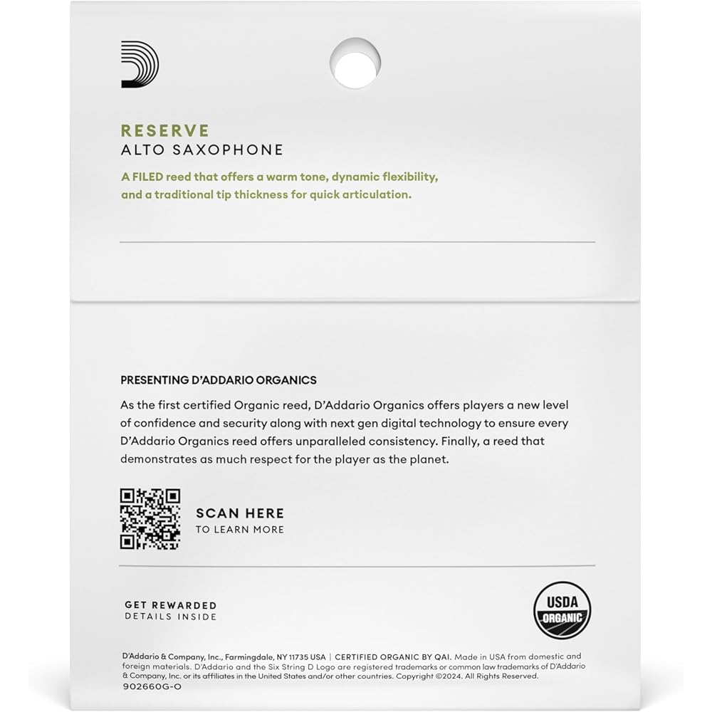 D'Addario WoodWinds Daddario трость для альт-саксофона Сертифицировано USDA Organic RESERVE ODJR0320 [Har...