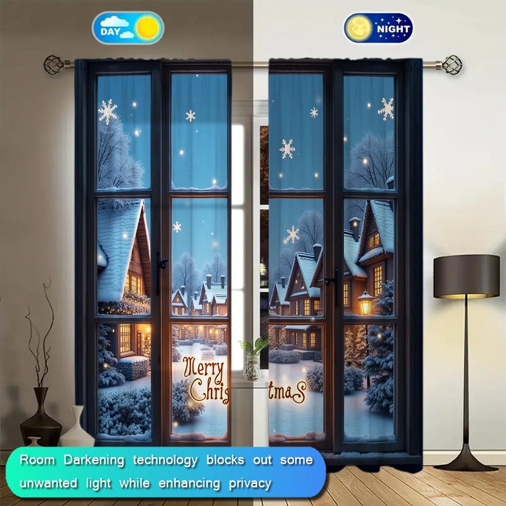 2pcs Winter Night Christmas Printed Curtain for Christmas Home Decor - Rod Pocket Window Treatment for Bedroom  Office  Kitchen