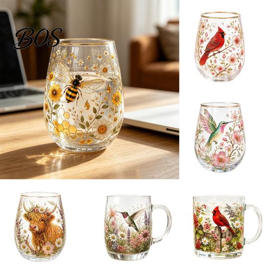 Glass Wine Glasses Hummingbird Morning Cup, Whiskey Tumbler Glass, Heat Resistant Scratch Glassware Floral Design for Home Bar Holiday Party
