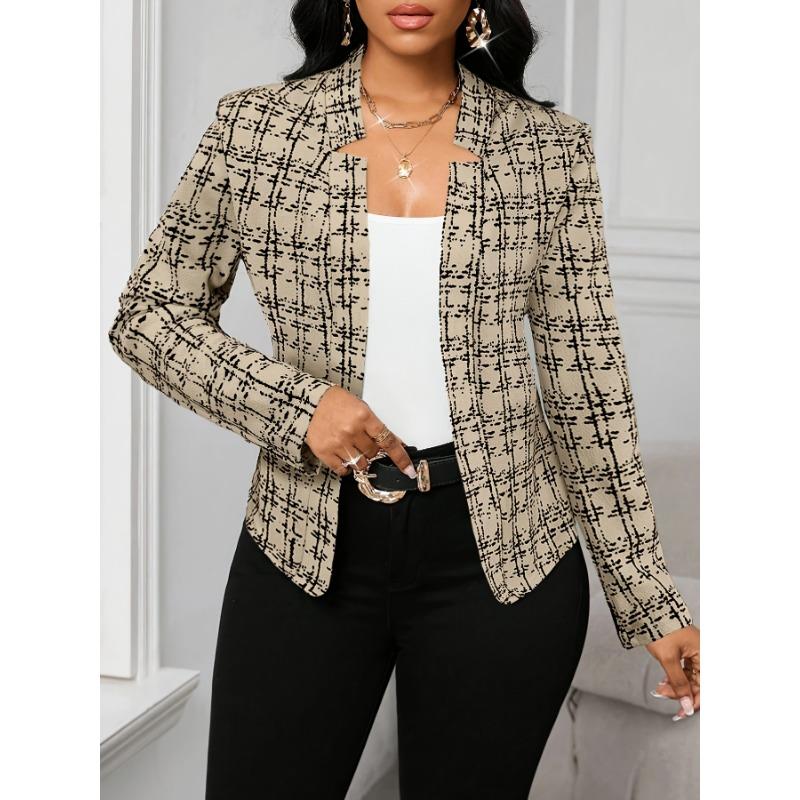 Women's Lightweight Plaid Long Sleeve Jacket - Stylish Open Front Outerwear for Spring & Fall, Black & White Houndstooth Pattern,