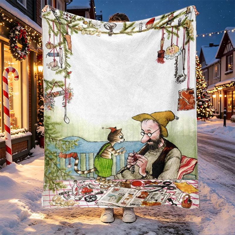 Pettersson und Findus Pattern Blanket for Home Decoration, Bed, Sofa, Car Travel, Camping, Suitable for All Seasons, Birthday Christmas Gift