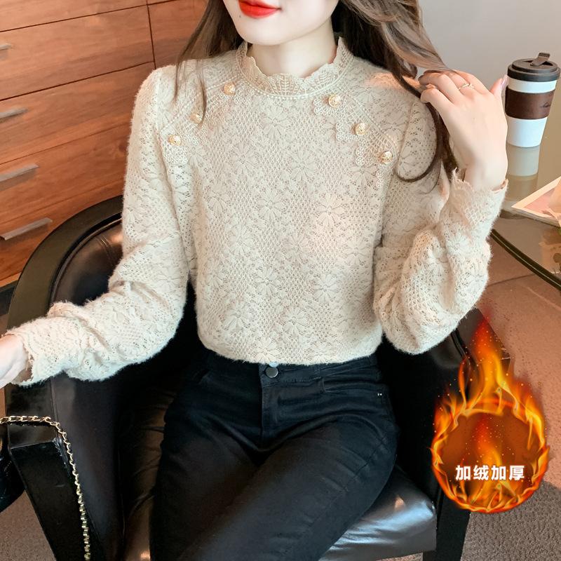 2024 осень и зима новый сладкий иностранный стиль тяжелая промышленная кружевная вышитая кружевная маленькая стойка воротник бархатная нижняя рубашка женская прилив