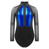 Girls Shiny Rhinestones Leotard Color Block Patchwork Keyhole Back Sheer Mesh Long Sleeve Bodysuit