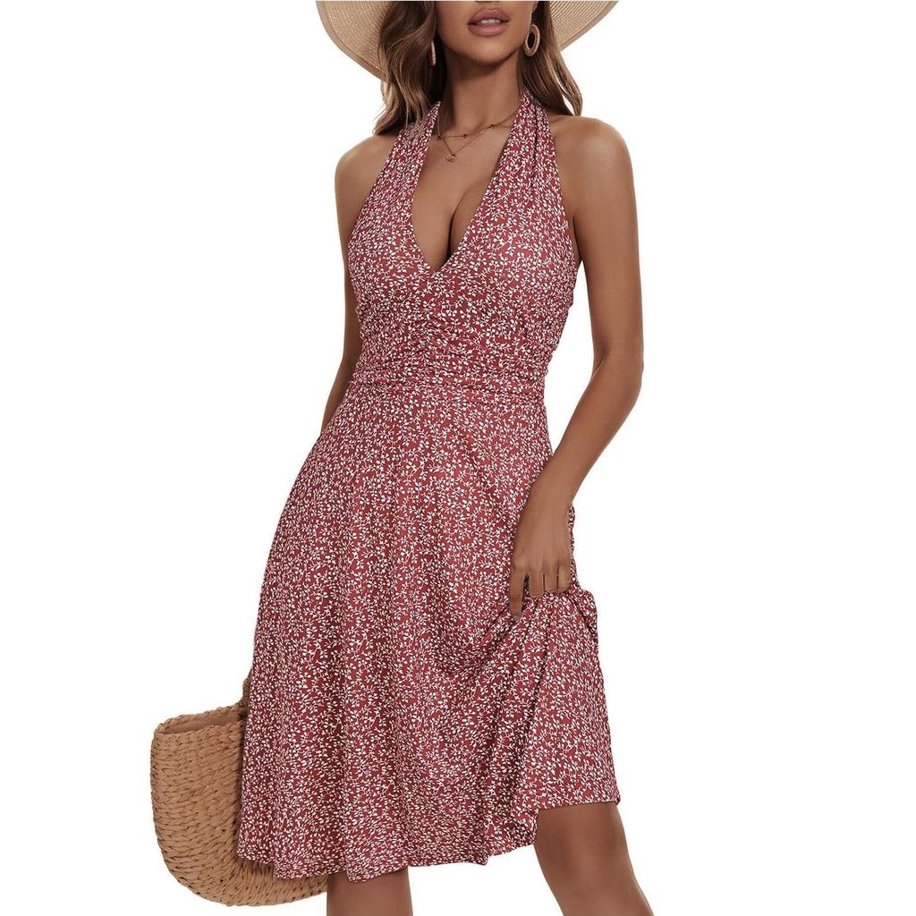 Sleeveless Summer Dress Women Halter Neck Tie Back Floral Print Elastic Waist Ruffle Hem Casual Dress with Pockets