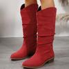 Women Fur Suede Boots Pleated Wedge Long Boots Ladies Round Toe Slip On Mid-calf Boots Low Heel Botas Mujer Size 43