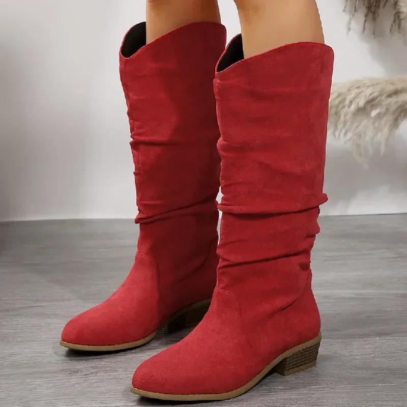 Women Fur Suede Boots Pleated Wedge Long Boots Ladies Round Toe Slip On Mid-calf Boots Low Heel Botas Mujer Size 43