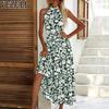 VEZFAA Women's Fashion Summer Spring Flower Pattern Print Sleeveless Hanging Neck High Waist Casual Dresses