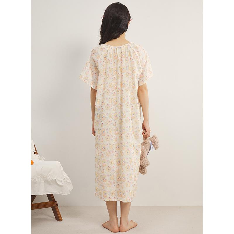 1011 summer new cartoon Korean semi-open neck floral pure cotton suspender yellow cotton nightdress women's nightdress