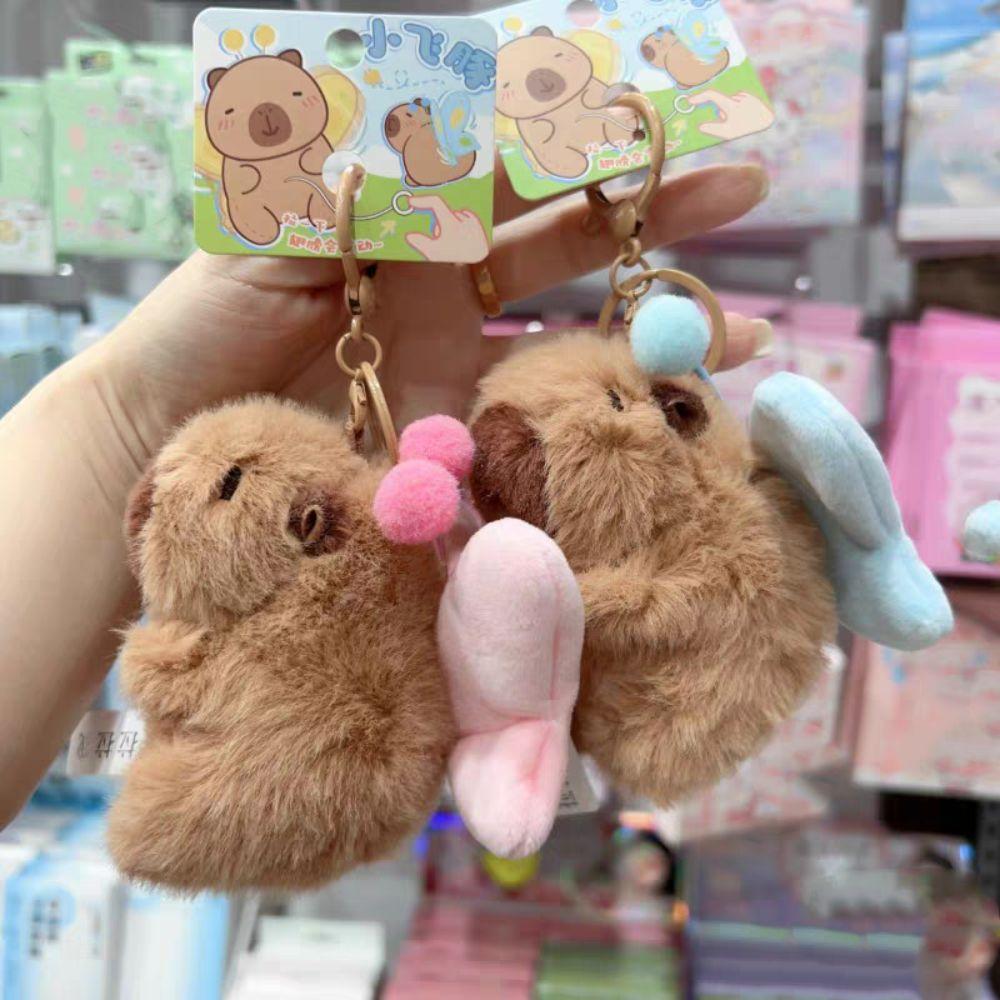 Cartoon Plush Capybara Keychain Pull Butterfly Car Keyring Funny Capybara Dolls Pendant  Bag Decor