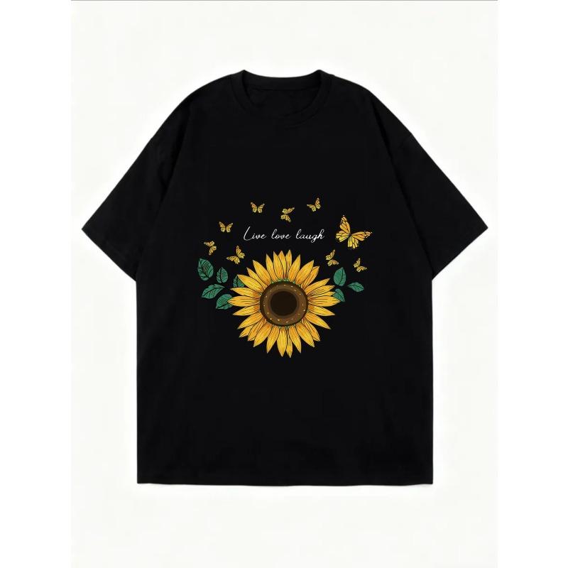 Белая футболка с принтом подсолнухов, бабочками и текстом для повседневной носки