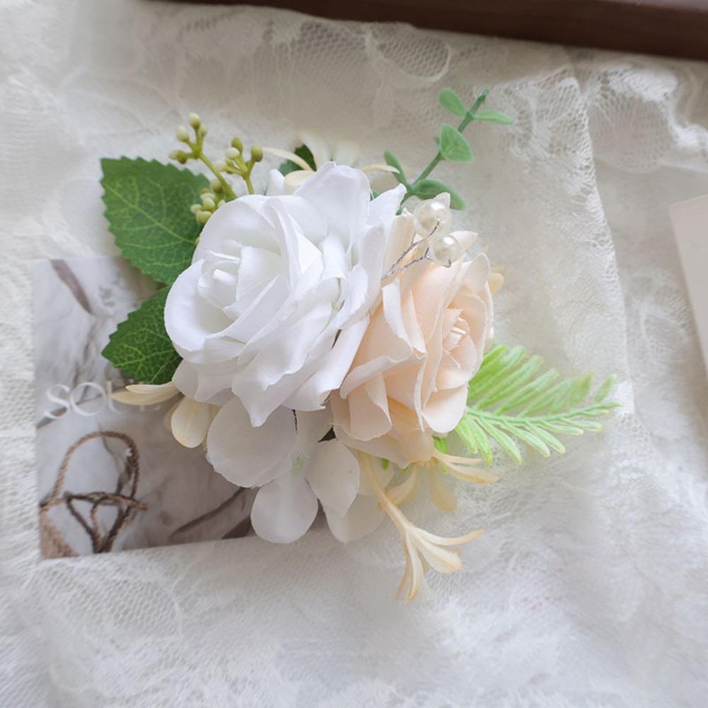 Light Yellow White Wrist Corsage Bracelet Silk Material Silk Rose Brooch Bridesmaid Gift