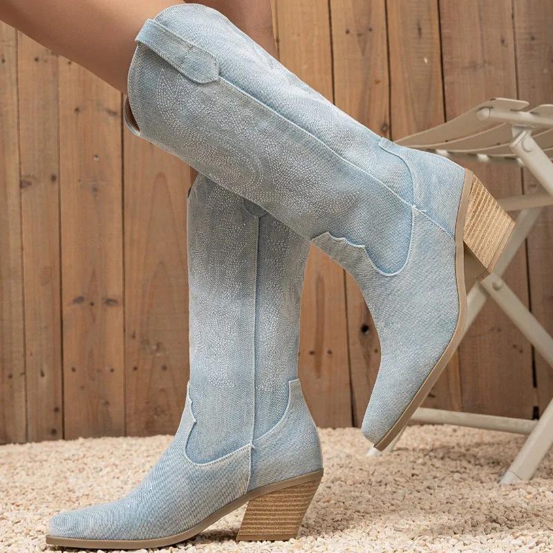 Женские ботинки средней длины 2024 года, распродажа, новые женские остроносые ботинки челси с вышитым тотемным дизайном, толстые ковбойские сапоги в стиле вестерн