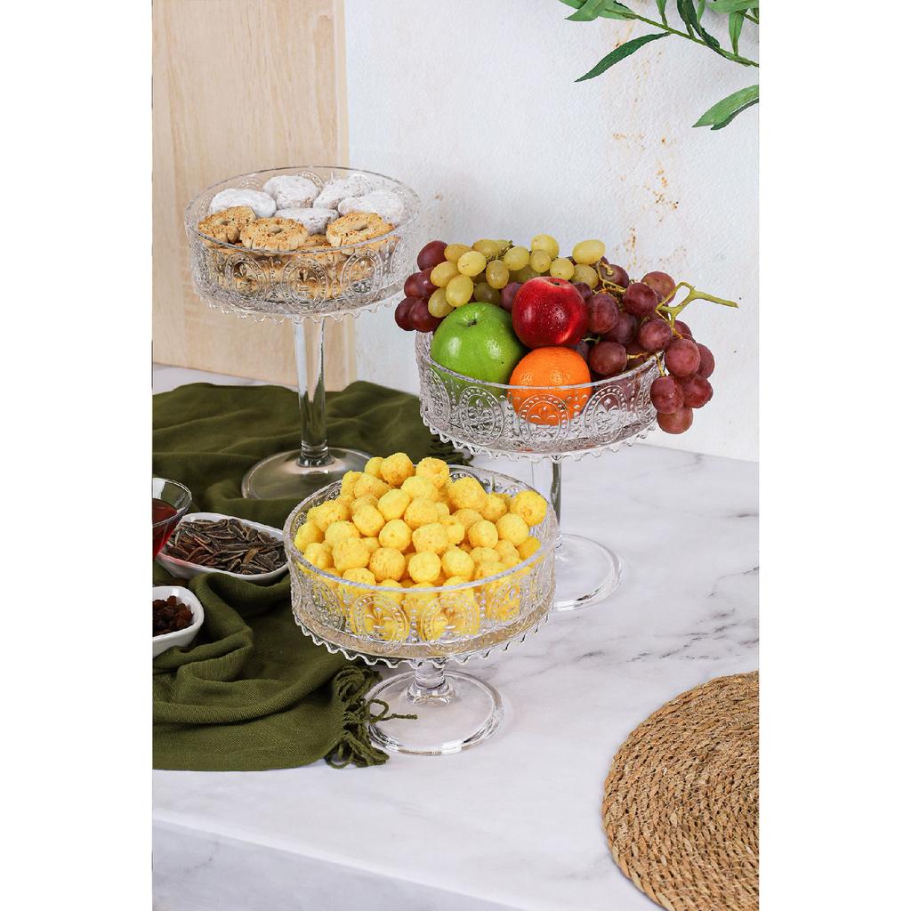 Handmade Transparent Glass Round Footed Presentation Bowl, Fruit Holder, Salad Bowl, 3 Size / 3pcs
