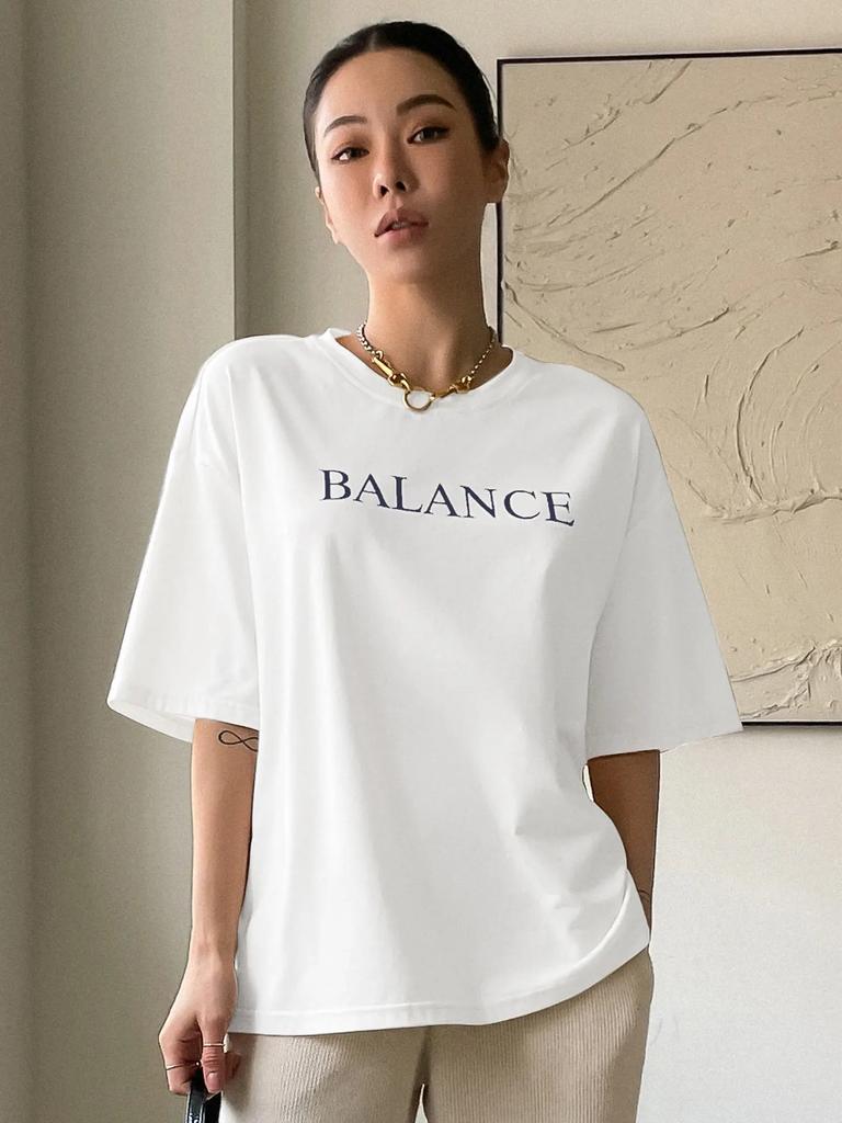 Футболки Balance Letter Printed Casual, женские летние свободные футболки большого размера с коротким рукавом, модная уличная футболка, 100% хлопок, одежда унисекс