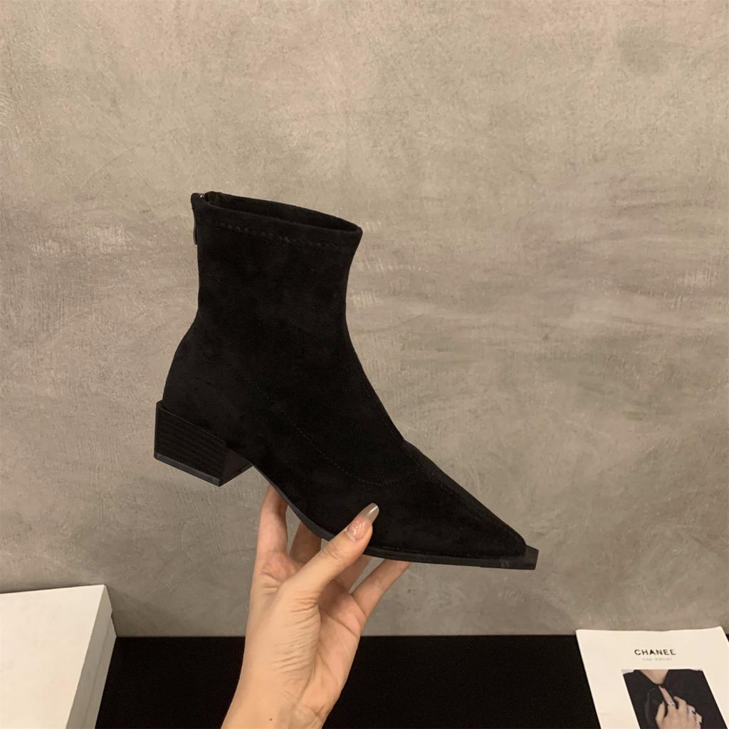 Coarse Heel Pointed Leopard Print Suede French Small Ankle Boots Women's Shoes 2024 New Autumn and Winter Brown Thin Boots Short Boots