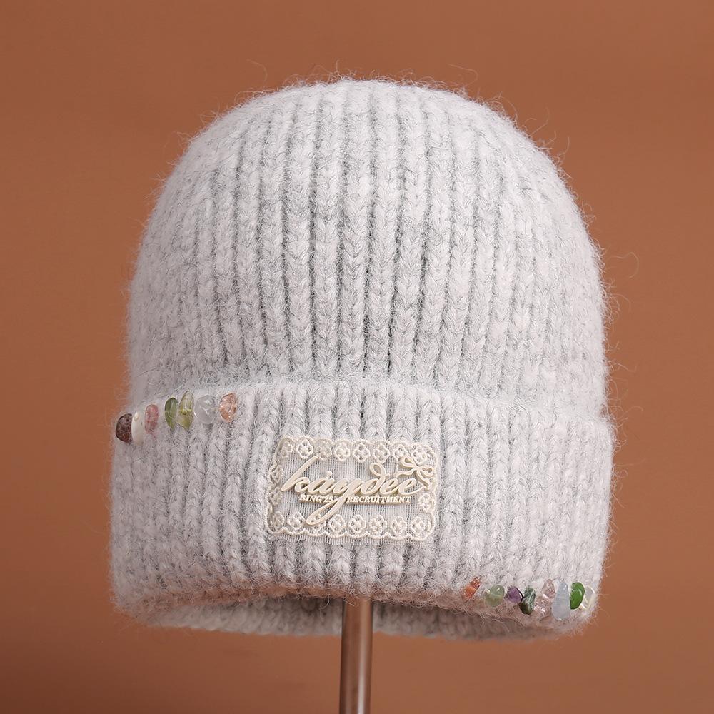 Stylish solid color simple warm colored stone embellished knitted hat outdoor travel versatile windproof casual wool hat