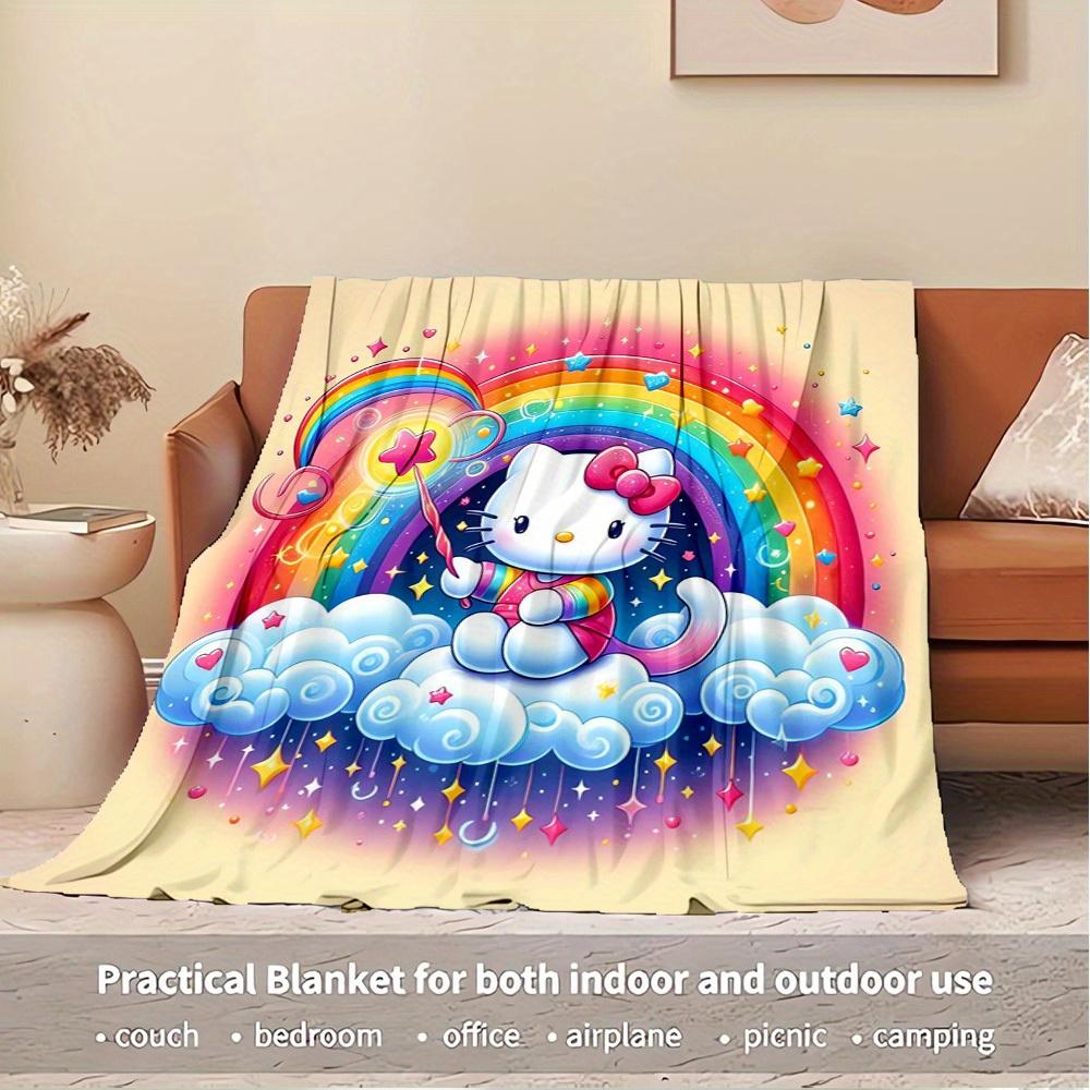 1pc Hello Kitty Rainbow Cloud Flannel Blanket - Seasonal Home Decor, Comfortable and Machine Washable, Perfect for All Ages, Perfect for Any
