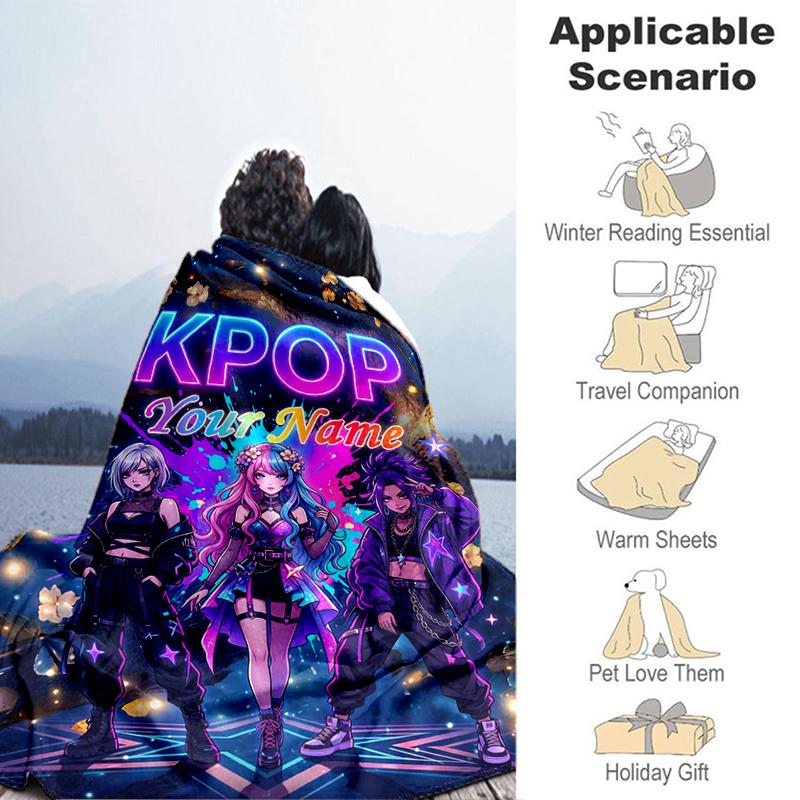 1PC Custom Name KPOP Star Night flannel blanket versatile,all-season throw suitable for the living room,bedroom,camping,travel,and gift