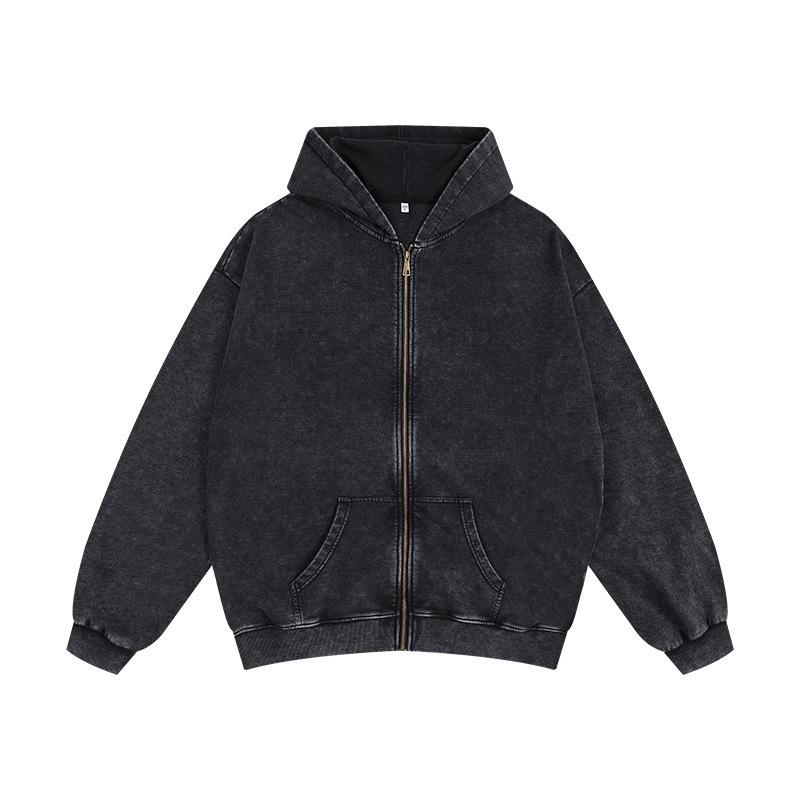 Толстовка с капюшоном из махровой ткани с потертостями на молнии, плотностью 350 г, большой размер, спущенное плечо, хлопок в стиле ретро