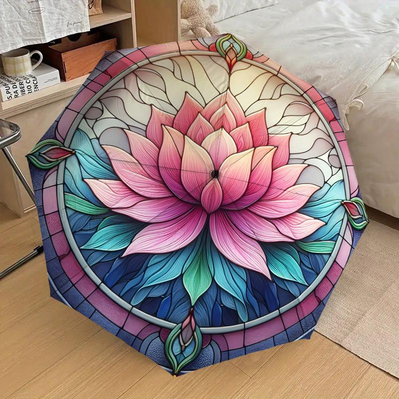 1pc Lotus Stained Glass Mandala Umbrella with Plastic Handle,Suitable for All Seasons Home Travel Outdoor UmbrellaDD1122