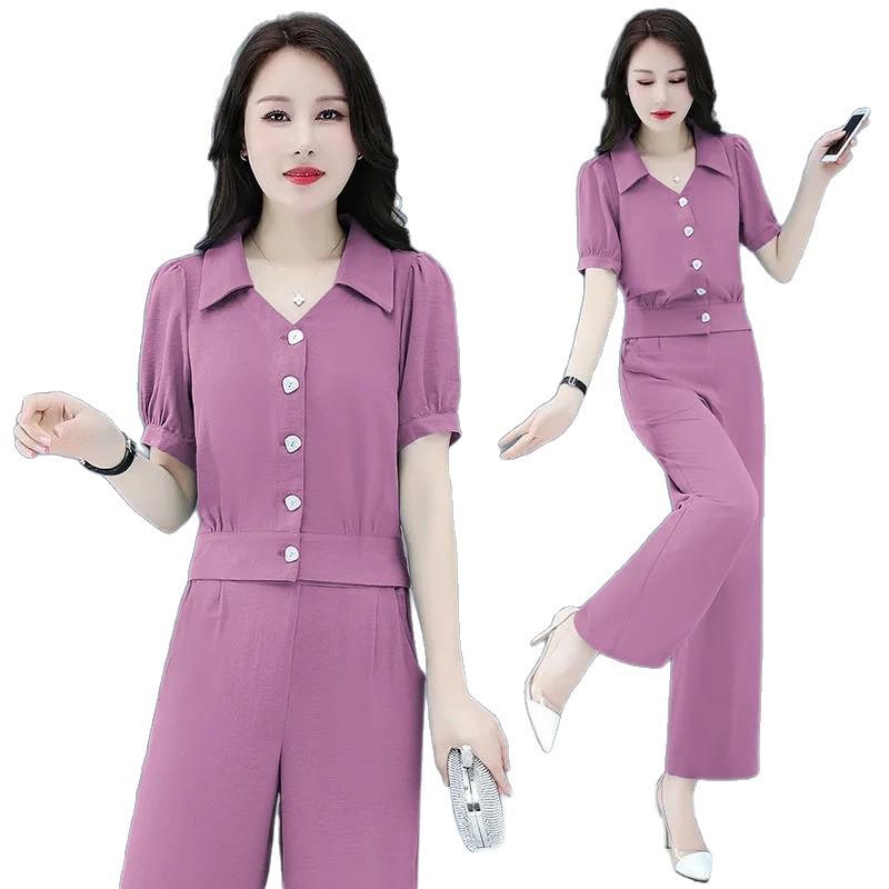 Модный женский летний шифоновый костюм-двойка 2025 - стильный омолаживающий комплект из рубашки и брюк для весны