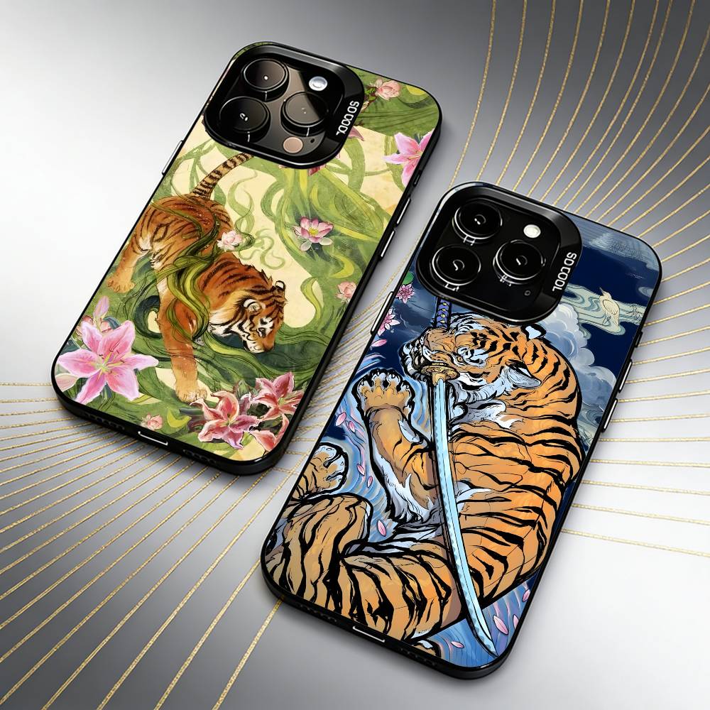 Ukiyo-e Style Tiger Tortoise Print Phone Case For iPhone 16 17 15 14 12 13 Pro Max Black Candy Matte Shockproof Cover