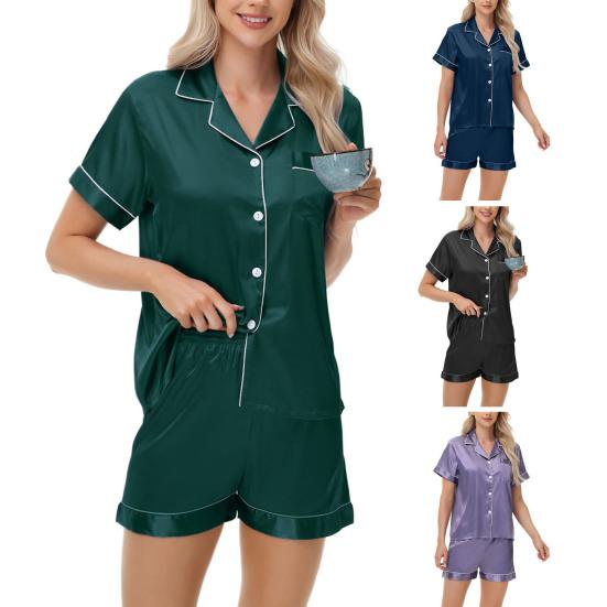 2 Pcs/Set Pajamas Suit Satin Single-breasted Cardigan Shirt V Neck Notch Collar Solid Color Shirt