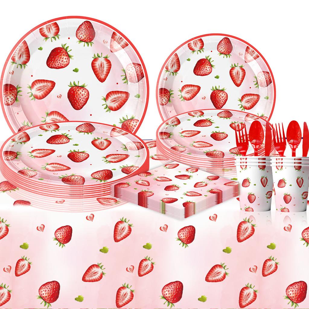 Strawberry Theme Party Paper Plate Balloon Picnic Plate Cake Plate Children'S Birthday Party Dessert Counter Decorative Cutlery