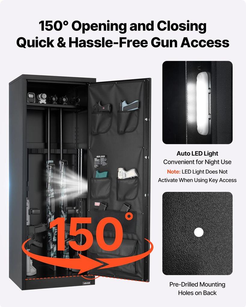 10-12 Gun Safe, Long Gun Cabinet for Rifles and Pistols, Quick Access Fireproof Rifle Safe with 4 Pistol Pockets and 3 Adjustable Racks, Large Digital