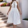 Женская мода лето весна повседневные платья без рукавов с круглым вырезом и высокой талией в горошек