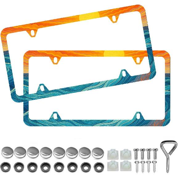 Light Blue Seashells Beachy License Plate Frame - Unobstructed Narrow-Edge 2 Packs Universal Stainless Steel Car License Plate Frames Holder Solid